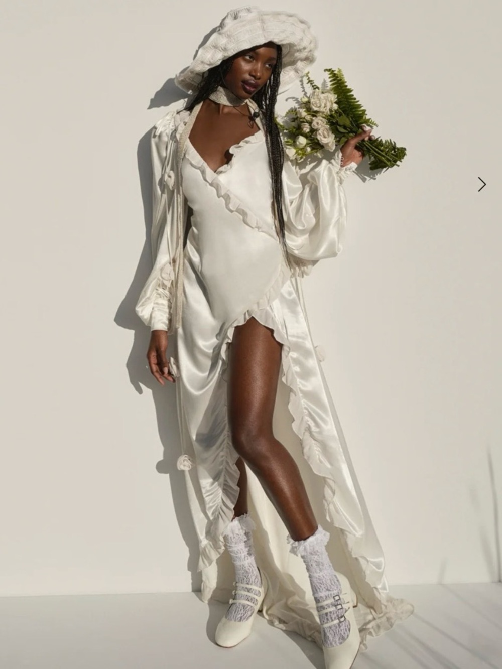 For Love & Lemons Ivory Satin High-Low Ruffle Wrap Dress